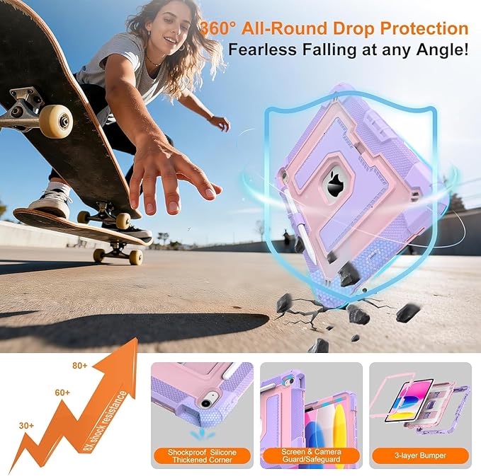 DreamerX Case for iPad A16 11th Generation 11 inch 2025 for Girls Kids, iPad 10th Gen 10.9 inch 2022 Girly Women Cute Silicone Protective Cover with Stand/Shoulder Strap/Pencil Holder Purple Rose Gold