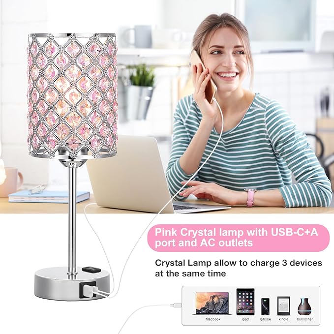 Hong-in Pink Lamps for Night Stands-Crystal Table Lamp with USB-C+A & AC Charging Ports, 3-Way Dimmable Nightstand Touch Lamp, Bedside Desk lamp for Bedroom Living Room Home Office