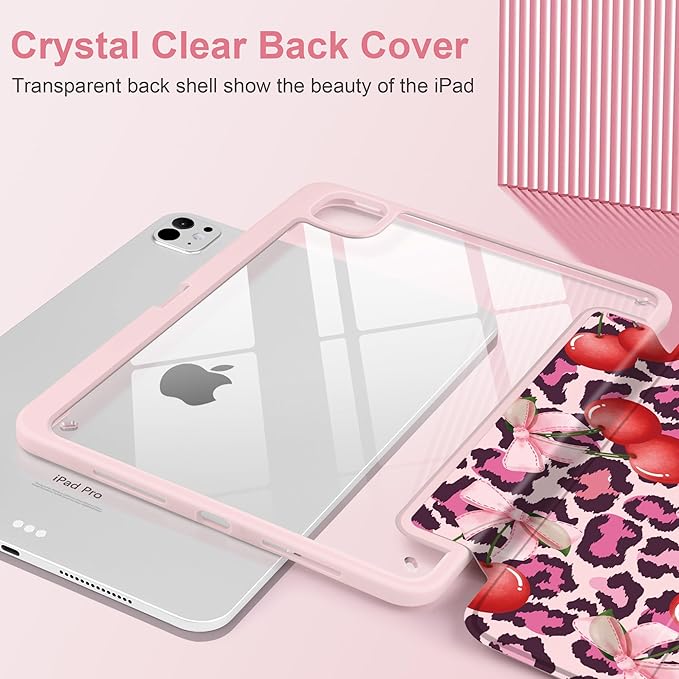 Case for iPad Pro 13 inch (M5) 2025 (M4) 2024 Release with Pencil Holder - Aesthetic Cute Design Trifold Cover with Soft TPU Bumper Clear Back Auto Sleep/Wake for Girls Women, Leopard Print