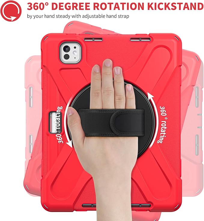 Batianda Case for iPad Pro 13-inch 2025 M5 2024 M4 Chip Heavy Duty Rugged Durability Silicone Tablet Cover with 360° Rotating Hand Strap Foldable Hidden Stand & Shoulder Strap, Red