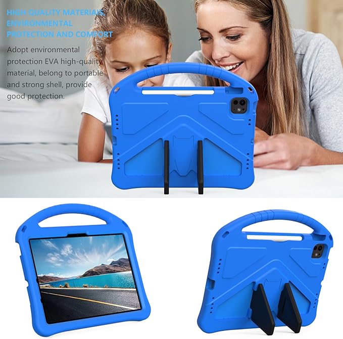 Kids Case for iPad Pro 11-Inch 2022/2021/2020/2018 (4th/3rd/2nd/1st Generation) & iPad Air 5th/4th Gen Case 2022/2020 10.9" with Kickstand/Handle/Pencil Holder Stand Girl Boy Cover, Blue