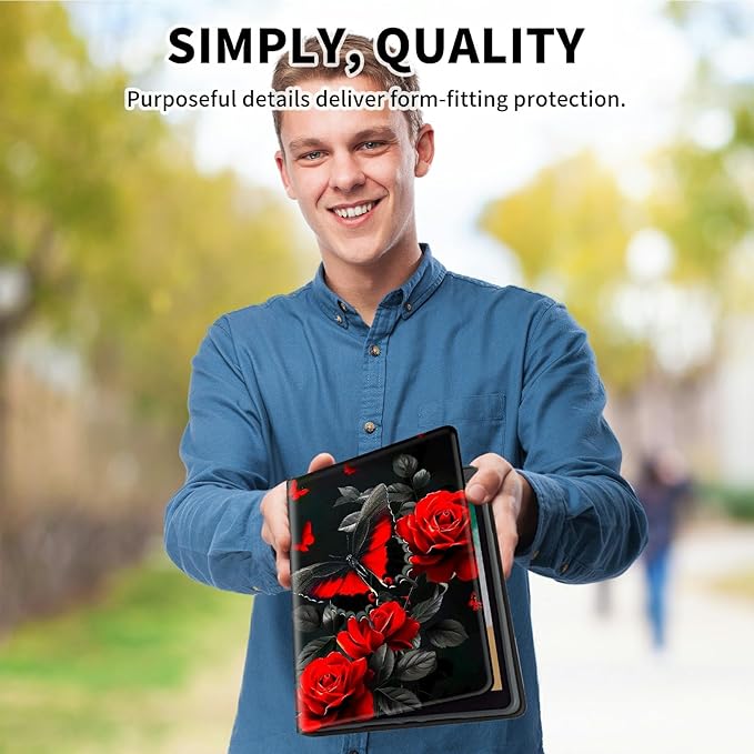 for Amazon Kindle Fire HD 10 (9th/7th/5th Generation, 2019/2017/2015 Release) 10.1" Tablet Case, Slim Kickstand Stand Leather Smart Cover with Auto Wake/Sleep, Red Rose Butterfly