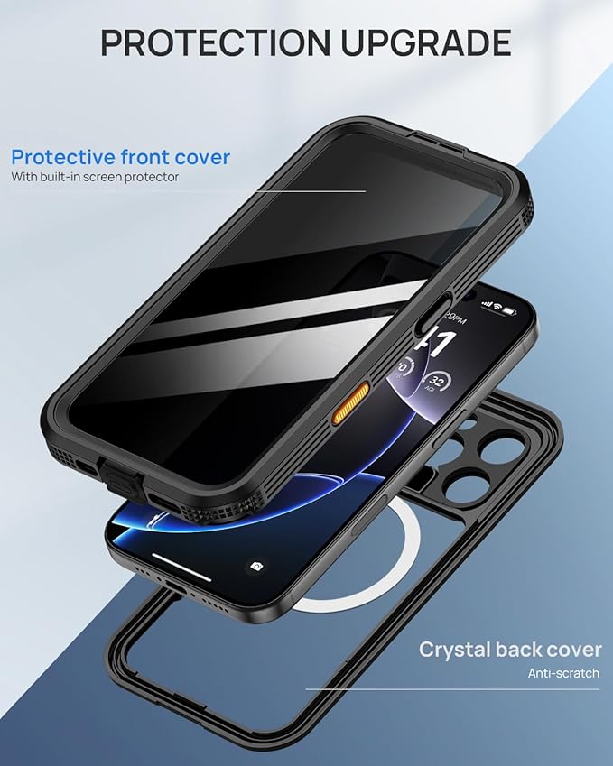 Lanhiem Magnetic for iPhone 16 Pro Case, Built-in Privacy Screen Protector, IP68 Waterproof Dustproof Case, Compatible with MagSafe, Anti-Spy Full Body Phone Case for iPhone 16 Pro 6.3", Black