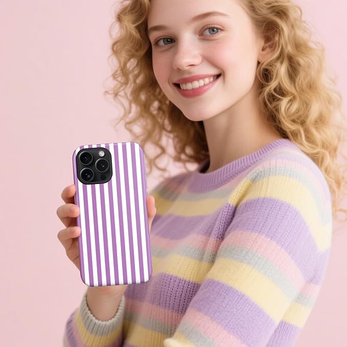 Magnetic for iPhone 13/14 Case Cute Stripes Phone Case, Shockproof Slim TPU and Hard PC Protective Phone Cover Compatible with MagSafe Designed for Women Girls, Purple