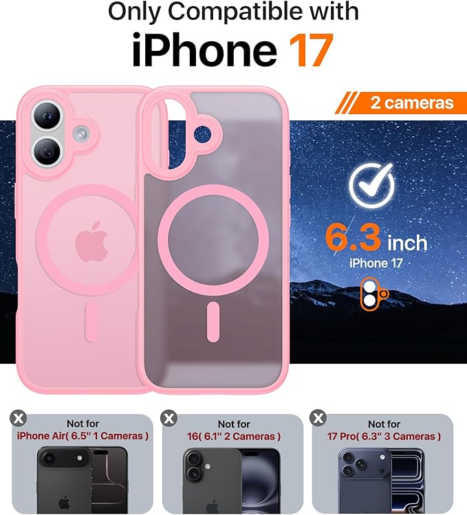Magnetic for iPhone 17 Case,[Anti-Slip][Compatible with MagSafe][Military Grade Drop Protection] Shockproof Protective Translucent Matte Phone Case for iPhone 17 Case,Pink