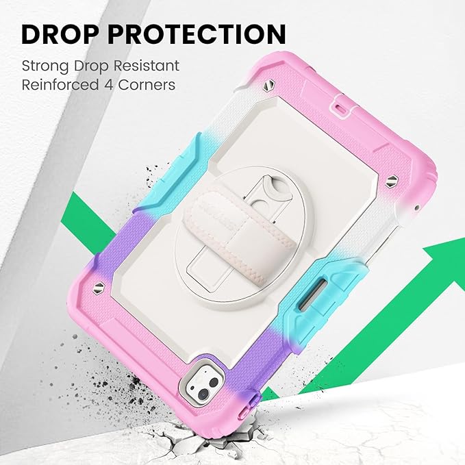 SEYMAC for iPad Pro 11 Inch Case M5 2025 / M4 2024, Heavy Duty Shockproof Protective Case with Screen Protector, 360° Rotating Stand, Hand/Shoulder Strap and Pen Holder, Colorful Pink