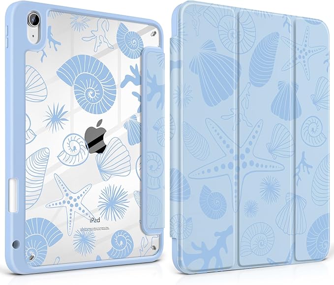 Case for iPad Air 11 inch M4 2026 M3 2025 M2 2024 Release with Pencil Holder Clear Back Shell Blue Lightweight Shockproof TPU Edge Trifold Stand Auto Wake Sleep Cute Cover, Starfish and Shells