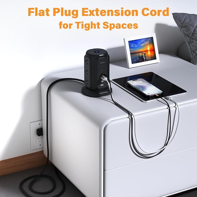 Ultra Slim Flat Plug Power Strip - 6.5ft Ultra Thin Extension Cord with 9 Outlets and 5 USB Ports (2 USB C), 1200J Surge Protector, 45° Angled Flat Plug, Dorm & Home Office Essentials
