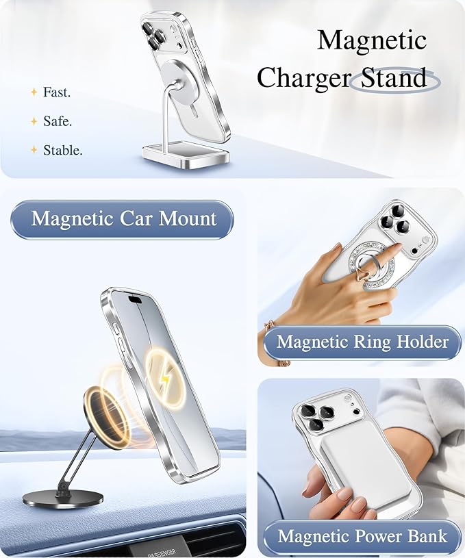 GVIEWIN for iPhone 17 Pro Case Compatible with MagSafe, Upgraded [Full Camera Protection][Cute Wave Frame][Military Grade Protection] Electroplated Hard Phone Cover for Women Girl, Clear/Sliver