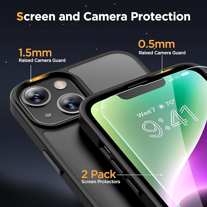 Miracase Magnetic for iPhone 14 Case 6.1 inch (Compatible with MagSafe)（with 2X Screen Protectors） Military-Grade Protection, Anti-Fingerprint Translucent Matte Phone Case Cover, Black