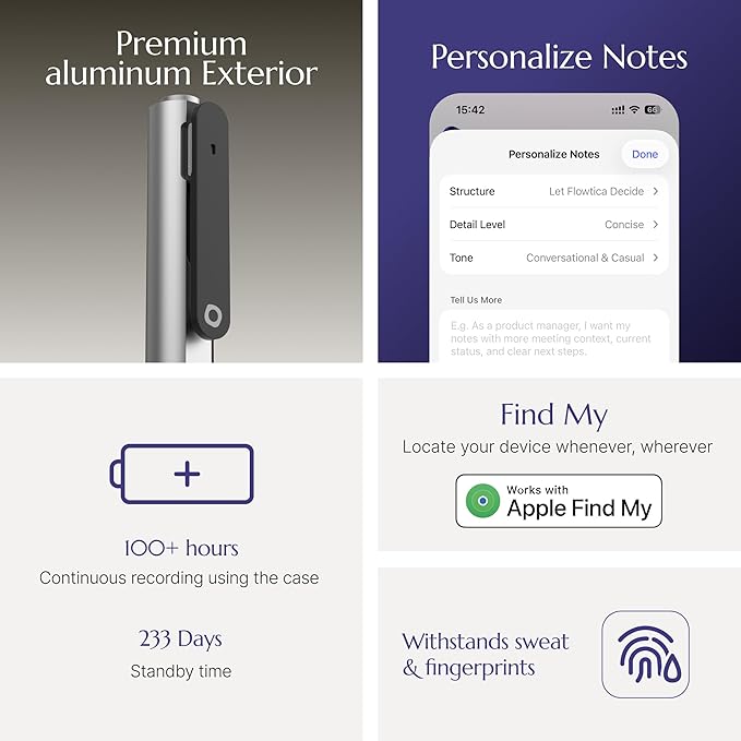 Flowtica Scribe AI Voice Recorder, App Control, Transcribe & Summarize, HiFi Audio with Noise Cancellation, Background Auto-Sync, Note Taker for Meetings & Lectures, Ultra-Slim, Charging Case Included