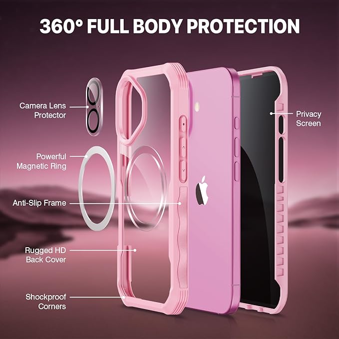 CENHUFO Magnetic Privacy for iPhone 16 Case [Compatible with Magsafe] Full Body Phone Case Built-in 9H Tempered Glass Privacy Screen Protector and Camera Lens Cover, Shockproof Bumper Clear - Pink