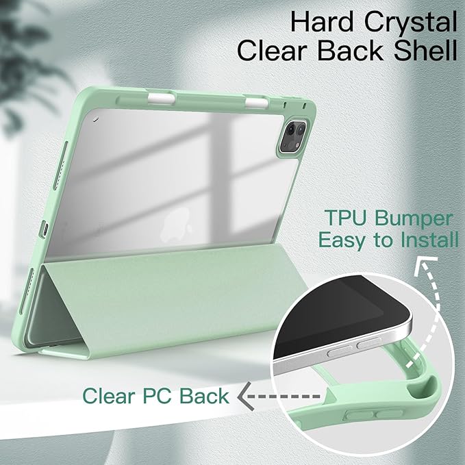 JETech Case ONLY for iPad Pro 11 Inch (2022/2021/2020/2018) with Pencil Holder, Clear Transparent Back Shell Slim Stand Shockproof Tablet Cover, Auto Wake/Sleep (Matcha Green)