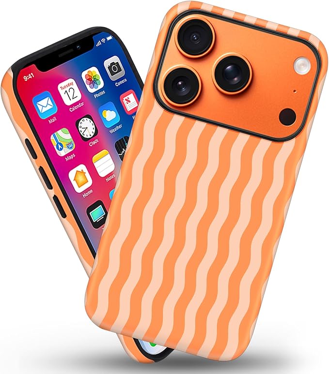 Magnetic for iPhone 17 Pro Case Cute Wavy Stripes Phone Case, Shockproof Slim TPU and Hard PC Protective Phone Cover Compatible with MagSafe Designed for Women Girls, Orange
