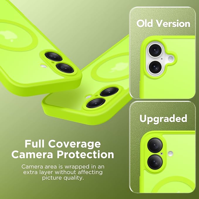CAPRARO Magnetic Compatible with iPhone 16 Case, Upgraded [Full Camera Protection] [Compatible with MagSafe] Protective Translucent Matte Women Girl Phone Case Cover, Fluorescent Green