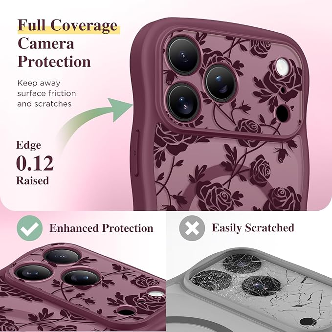 GVIEWIN for iPhone 17 Pro Max Case Compatible with MagSafe [Curly Wave Edge][Full Camera Protection] Floral Translucent Shockproof Magnetic Women Phone Case for 17 Pro Max, Filigree Rose/Burgundy