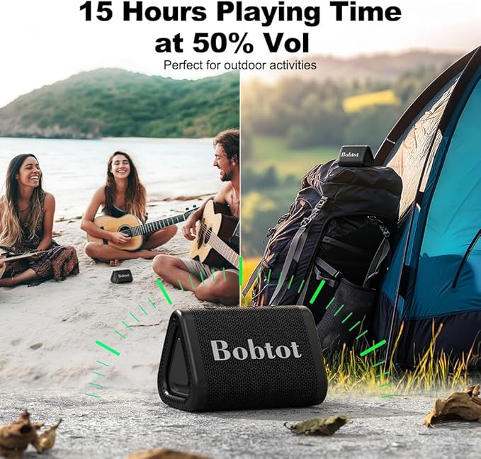Bobtot Portable Bluetooth Speaker, IPX7 Mini Speaker, Loud and Stereo Sound with Bass, 15H Playing Time, TWS Pairing for Travel, Party, Camping