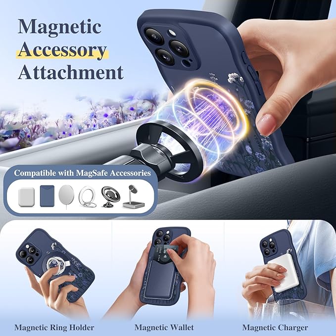 GVIEWIN for iPhone 15 Pro Max Case Compatible with MagSafe [Curly Wave Edge][Full Camera Protection] Floral Translucent Shockproof Magnetic Women Phone Case for 15 Pro Max 6.7'', Floratopia/Blue