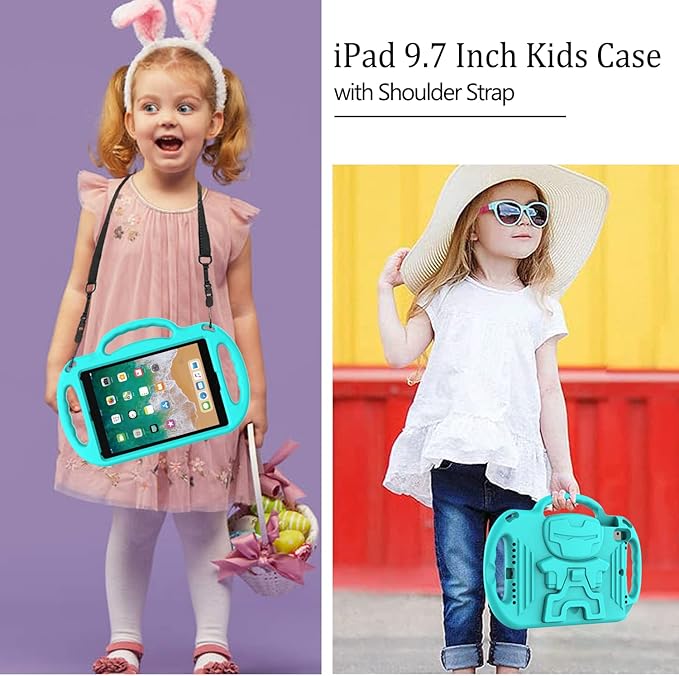 LTROP Kids Case for iPad 5th/6th Generation (9.7 inch, 2017/2018), iPad Air 1 & Air 2 & Pro 9.7 Kids Case with Shoulder Strap Handle Stand for iPad 5/6 & iPad Air 1st/2nd Gen, Turquoise