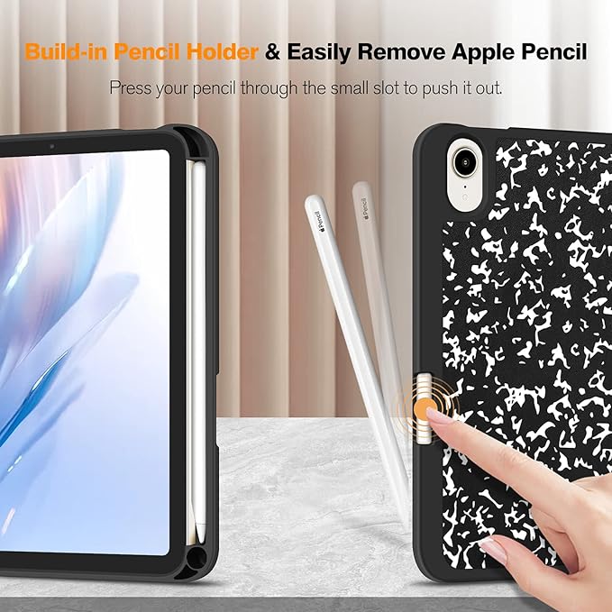 Fintie SlimShell Case for iPad Mini 7 (A17 Pro, 7th Generation) 2024 / iPad Mini 6 (6th Gen) 8.3 Inch - [Built-in Pencil Holder] Soft TPU Protective Stand Back Cover, Composition Book