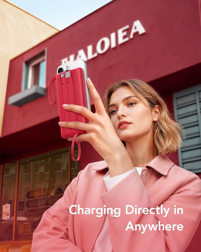VRURC Portable Charger, 10000mAh Power Bank Built in Cables for iPhone, Slim Compact Travel Essential, 5 Outputs 2 Inputs USB C Battery Pack for iPhone 17 16 15 14 13, Samsung, Android etc-Magenta