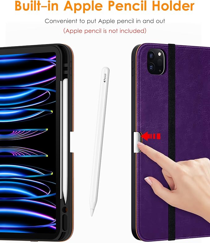 DTTO for iPad Pro 12.9 6th / 5th / 4th / 3rd Generation Case 2022/2021/2020/2018, Leather Folio Stand Cover with Built-in Apple Pencil Holder -Auto Wake/Sleep and Multi Viewing Angles, Dark Purple