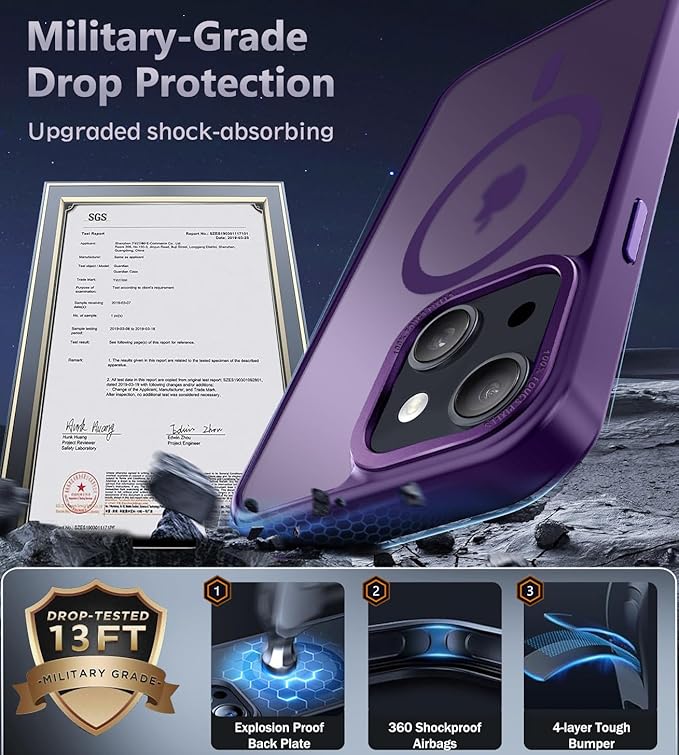 Newfuture Magnetic for iPhone 15 Case [Compatible with Magsafe] [Military Grade Drop Protection] Translucent Matte Anti-Fingerprint Shockproof Phone Case for iPhone 15 6.1 inch, Deep Purple