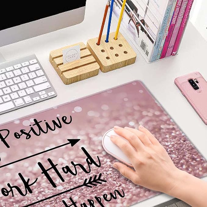 Inspirational Quotes Gaming Mouse Pad, Large Mouse Pads for Desk, Non-Slip Rubber Base Mousepad, Desk Pad with Stitched Edges, 31.5x11.8inch, Stay Positive Work Hard and Make It Happen