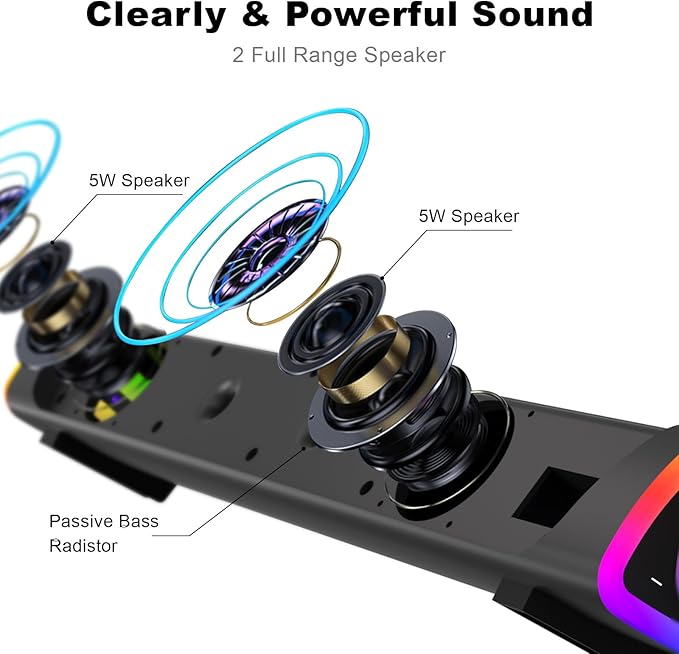 SOULION R30 Plus Bluetooth Computer Speakers, All-in-One Control Button with 6 Modes LED Lights PC Speaker, Wired USB Powered Surround Soundbar for Desktop Monitor Laptop Gray