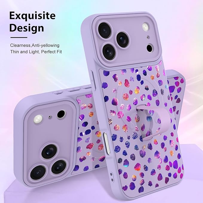 KANGHAR Compatible with iPhone 17 Pro Max Case, Support for MagSafe, Silicone Cute Iridescent Pattern Leopard Print Cheetah, Wristband Kickstand Shockproof Soft Slim Cover for Girls Women, Purple