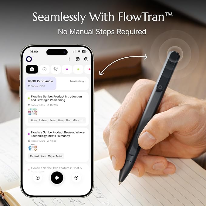 Flowtica Scribe AI Voice Recorder, App Control, Transcribe & Summarize, HiFi Audio with Noise Cancellation, Background Auto-Sync, Note Taker for Meetings & Lectures, Ultra-Slim, Pogopin Cable Included