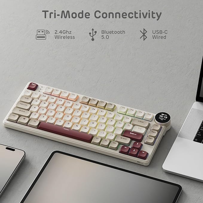 RK ROYAL KLUDGE N80 Low Profile Mechanical Keyboard w/Smart Display Screen & Knob, 75% Top Mount 3-Modes Wireless Mechanical Keyboard, Software Support, Massive Battery, 80 Keys, Quiet Red Switch