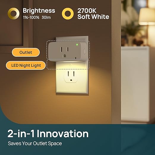 Linkind Matter Smart Plug 2 Pack, Night Lights Plug into Wall, Work with Alexa, Apple Home, Google, Timer Outlet 15A/1800W, ETL Certified, 2.4G WiFi, Dusk to Dawn 2700K, for Hallway, Bathroom, Kids