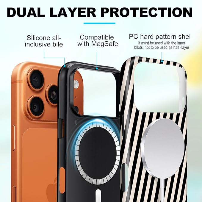 Magnetic for iPhone 17 Pro Max Case Cute Diagonal Stripes Phone Case, Shockproof Slim TPU and Hard PC Protective Phone Cover Compatible with MagSafe Designed for Women Girls,Black and White