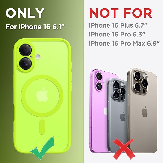 CAPRARO Magnetic Compatible with iPhone 16 Case, Upgraded [Full Camera Protection] [Compatible with MagSafe] Protective Translucent Matte Women Girl Phone Case Cover, Fluorescent Green