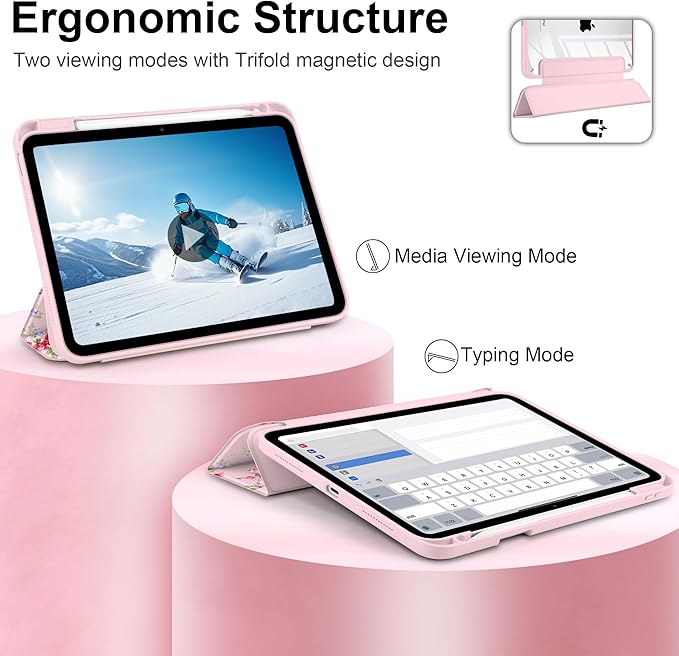 Case for iPad Air 11 inch M4 2026 M3 2025 M2 2024,iPad Air 5th (2022) / 4th (2020) 10.9 Inch Clear Back Shell Shockproof TPU Edge Trifold Stand Auto Wake Sleep Cute Cover, Elegant Rose