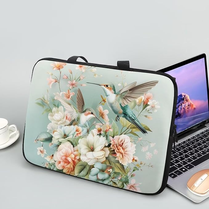 Hummingbird 17 Inch Laptop Sleeve for Women Protective Case Cover Compatible with 10-17 inch Chromebook, Notebook, Briefcase, Spring Floral Waterproof Computer Cases Bag with Handle