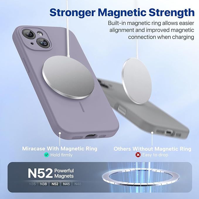 Miracase Magnetic for iPhone 15 Case, [Soft Anti-Scratch Microfiber Lining], Compatible with MagSafe, Liquid Silicone Case Shockproof Drop Protection Phone Case for 15,Lavender Gray