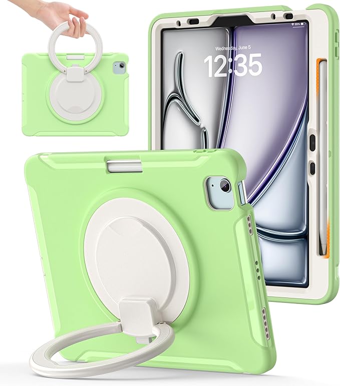 BATYUE Shockproof Case for iPad Air 11" M2/M3/M4, Air 4/5 10.9", iPad Pro 11" 1st-4th Gen 2018-2022 | 360° Multi-Angle Stand (Portrait & Landscape) & Grip, Built-in Pencil Holder, Match Green
