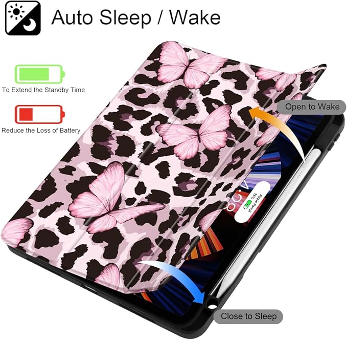 Mektron Case for iPad Pro 11 inch (4th, 3rd, 2nd & 1st Gen) 2022 2021 2020 2018, Buit in Pencil Holder with Shockproof Cover Clear Shell + Auto Wake/Sleep, Leopard Pink Butterfly