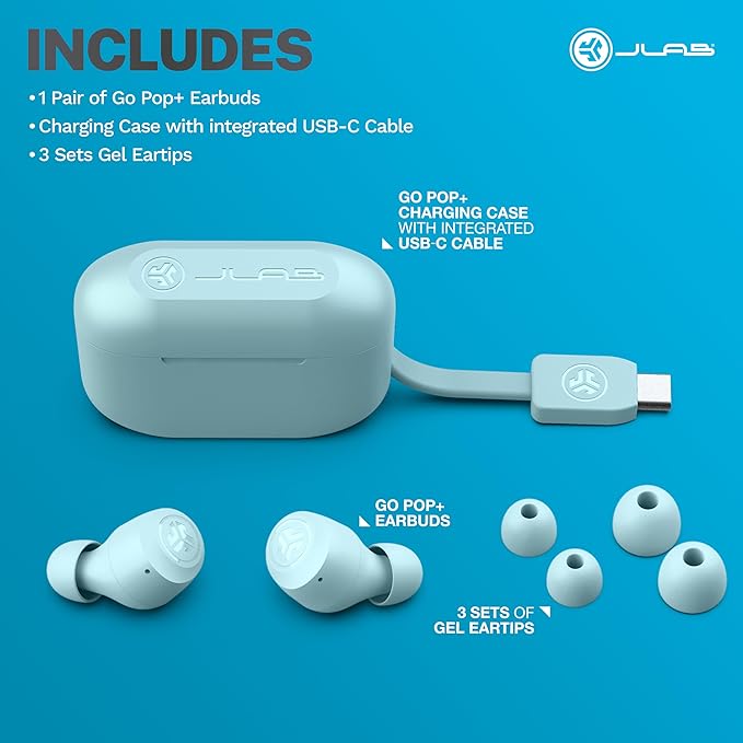 JLab Go Air Pop+, True Wireless Earbuds, Bluetooth Earbuds with Microphone, Dual Connect, EQ3 Sound, Light Blue