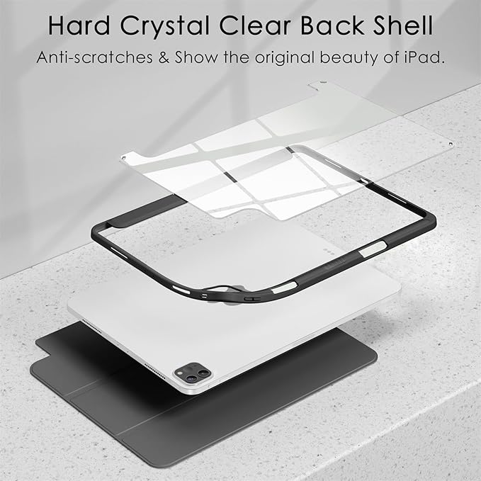 Soke Case for iPad Pro 12.9 Inch (6th/5th/4th/3rd Generation, 2022/2021/2020/2018) - Pencil Holder + Auto Sleep/Wake + Camera Protection, Transparent Shockproof Back Cover, Book Black
