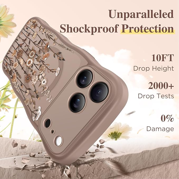 GVIEWIN for iPhone 17 Pro Case Compatible with MagSafe [Curly Wave Edge][Full Camera Protection] Floral Translucent Shockproof Magnetic Women Phone Case for iPhone 17 Pro 6.3'', Floratopia/Brown
