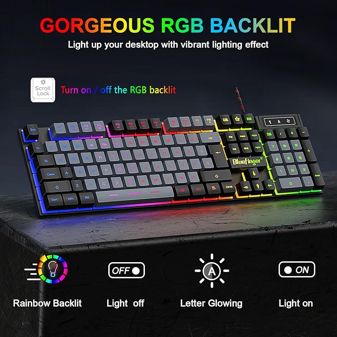 BlueFinger RGB Gaming Keyboard and Backlit Mouse Combo, USB Wired, LED Gaming Set for Laptop PC Computer Game and Work(Black & Gray)