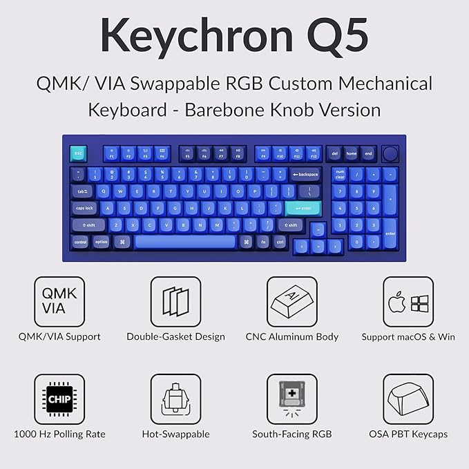 Keychron Q5 Wired Custom Mechanical Keyboard Knob Version, 96% Layout QMK/VIA Programmable with Hot-swappable Gateron G Pro Blue Switch Double Gasket Compatible with Mac Windows Linux - Navy Blue A