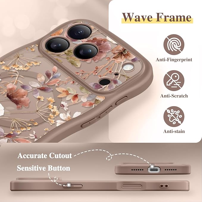 GVIEWIN for iPhone 17 Pro Max Case Compatible with MagSafe [Curly Wave Edge][Full Camera Protection] Floral Translucent Shockproof Magnetic Women Phone Case for 17 Pro Max, Corn Poppy/Brown