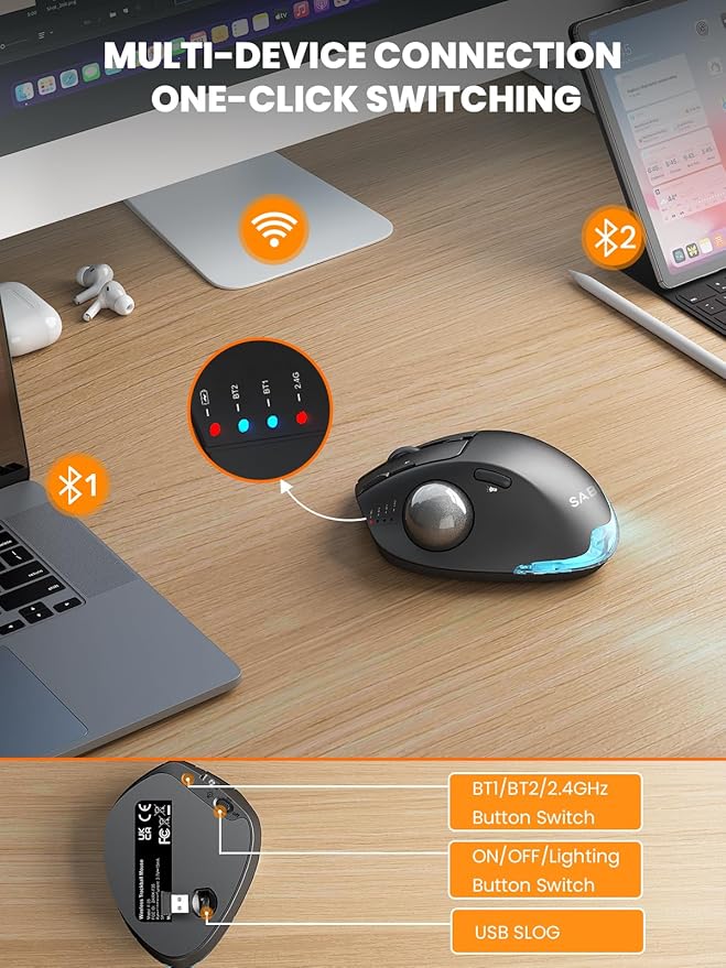 SABLUTE MAM1 Pro Wireless Trackball Mouse, Hard Travel Case (Include) Ergonomic Bluetooth Rechargeable Computer Mice with 5 Level DPI, Adjustable Angle, 3 Devices Connection for PC, Mac, Windows