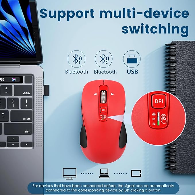 CITLLA Wireless Bluetooth Mouse (USB + BT1 + BT2), Full Size, 4-Way Scrolling, Multi-Device Silent Mouse for Computer, Laptop, iPad, MacBook (Red)