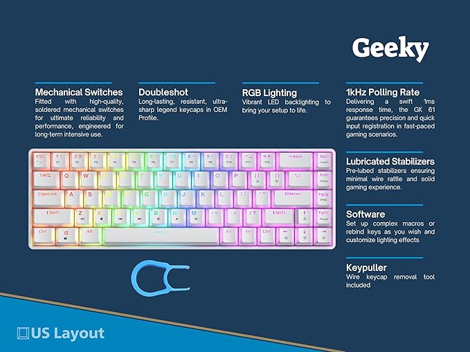 Geeky GK65 SE 65% | Mechanical Gaming Keyboard | 68 Keys Multi Color RGB LED Backlit for PC/Mac Gamer | ANSI US American Layout (White, Mechanical Red)