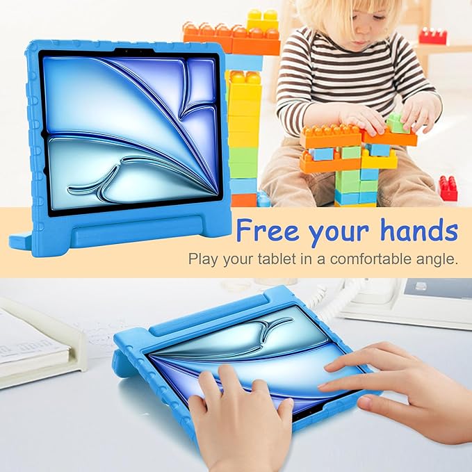 Kids Case for iPad Pro 11" M5/M4 & iPad Air 11" (2026/2025/2024) Shockproof Case with Pencil Holder, Techcircle Light EVA Foam Handle Stand Bumper Protective Child Friendly Drop Proof Cover, Blue